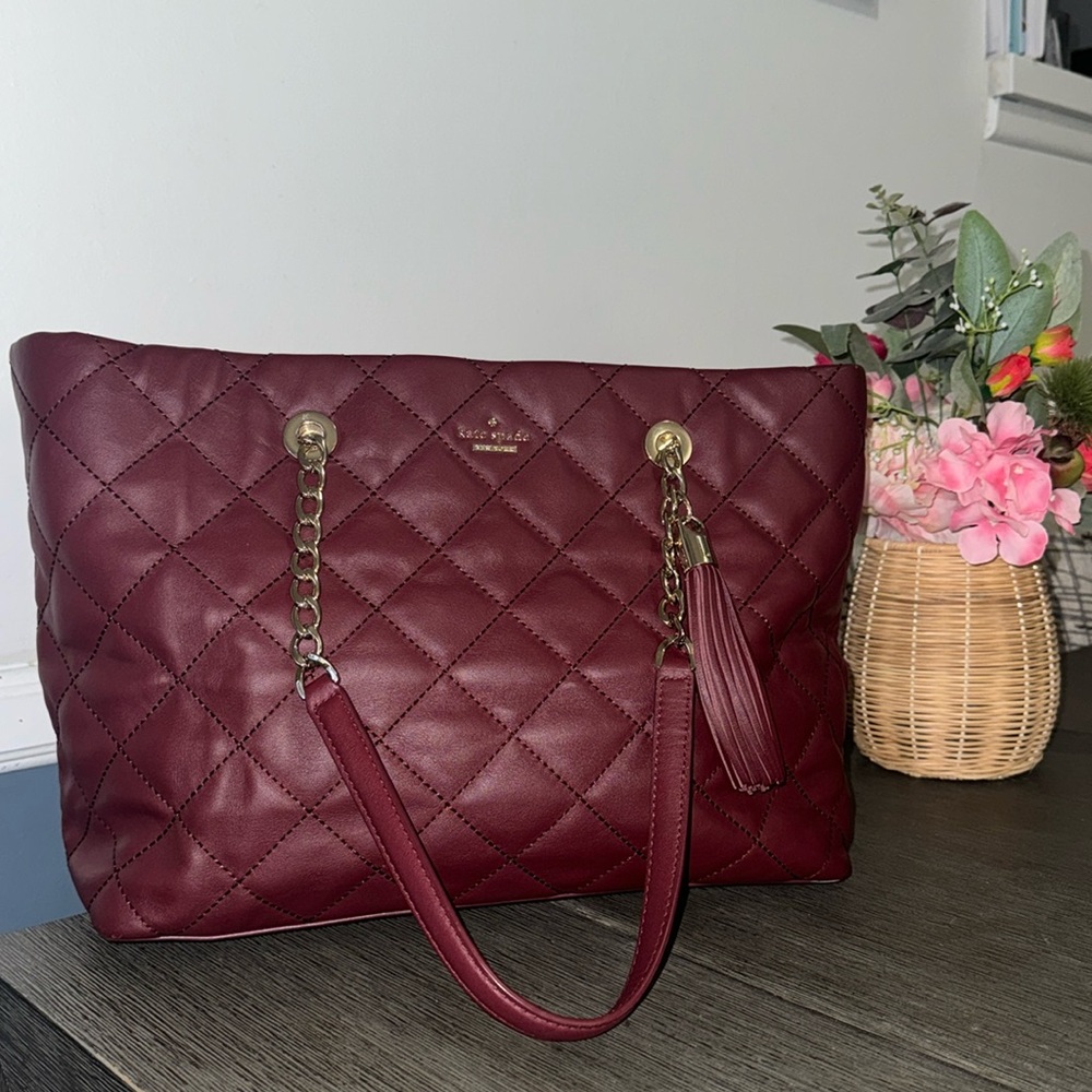 Kate Spade Burgandy Quilted Leather Emerson Place Priya Shopper Tote Handbag